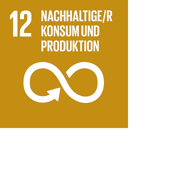 Icon für SDG 12 Verantwortungsvoller Konsum, dargestellt wird eine liegende Acht mit Pfeil auf braunem Hintergrund.