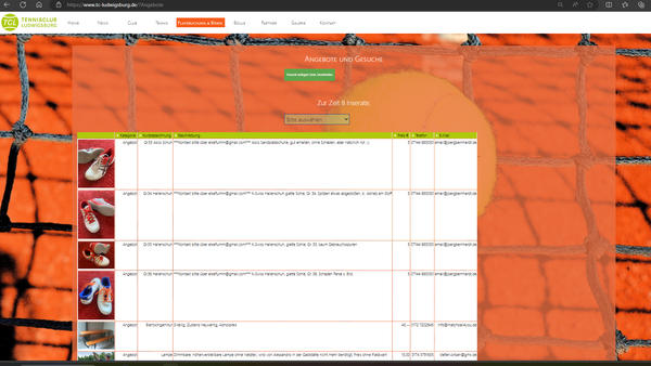 Screenshot der Gebrauchtbörse auf der Website des TC Ludwigsburg